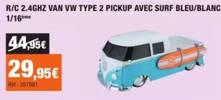 R/C 2.4GHZ VAN VW TYPE 2 PICKUP AVEC SURF BLEU/BLANC 1/16ème