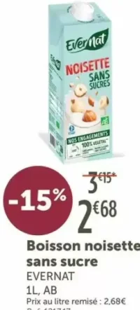 Boisson noisette sans sucre EVERNAT