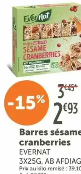 Barres sésame cranberries EVERNAT