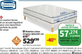 Matelas Lotus Origine Simmons 160x200 cm