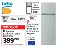 Réfrigérateur 2 portes BEKO RDSA310M40SN