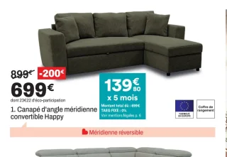 Canapé d'angle méridienne convertible Happy
