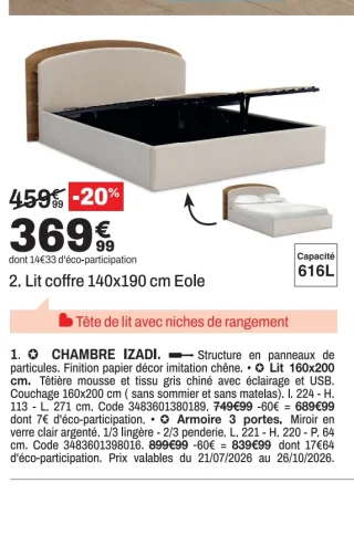 Lit coffre 140x190 cm Eole