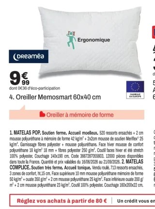 Oreiller Memosmart Dreamea 60x40 cm