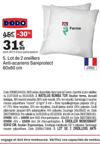 Lot de 2 oreillers Anti-acariens Saniprotect Dodo 60x60 cm