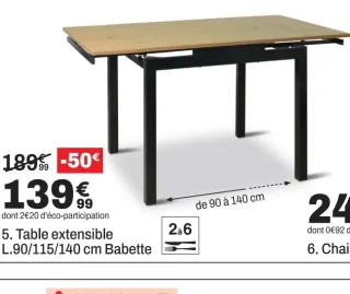 Table extensible L. 90/115/140 cm Babette