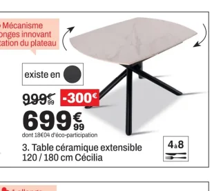 Table céramique extensible 120 / 180 cm Cécilia
