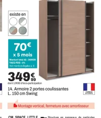 Armoire 2 portes coulissantes L. 150 cm Swing