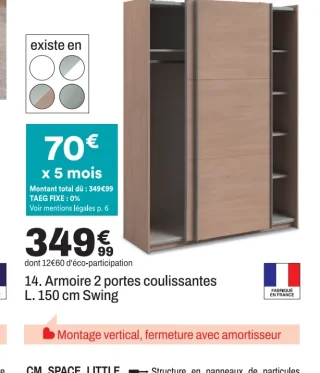 Armoire 2 portes coulissantes L. 150 cm Swing