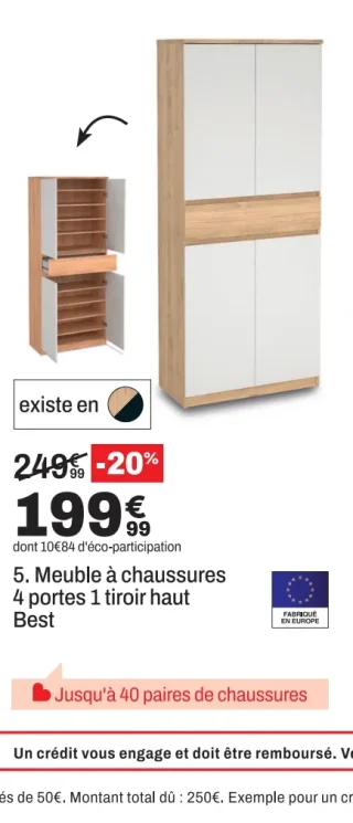 Meuble à chaussures 4 portes 1 tiroir haut Best