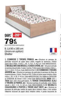 Lit 90 x 190 cm (tiroirs en option) Shelter