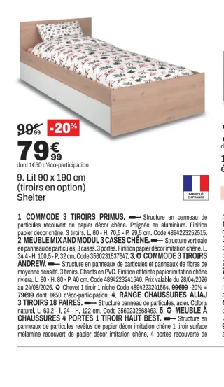 Lit 90 x 190 cm (tiroirs en option) Shelter