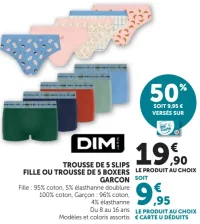 Trousse de 5 slips fille ou trousse de 5 boxers garçon DIM