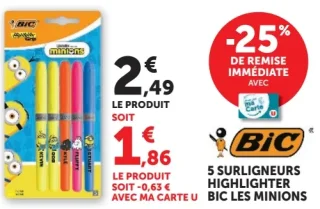 5 surligneurs highlighter Bic Les Minions