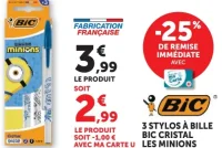 3 stylos à bille Bic Cristal Les Minions