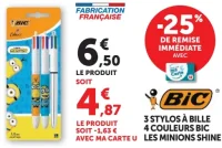 3 stylos à bille 4 couleurs Bic Les Minions Shine