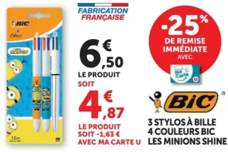 3 stylos à bille 4 couleurs Bic Les Minions Shine