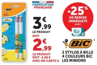 2 stylos à bille 4 couleurs Bic Les Minions