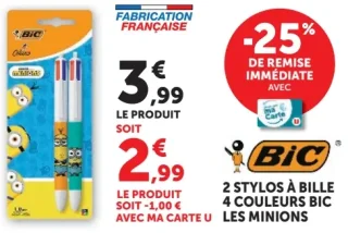 2 stylos à bille 4 couleurs Bic Les Minions