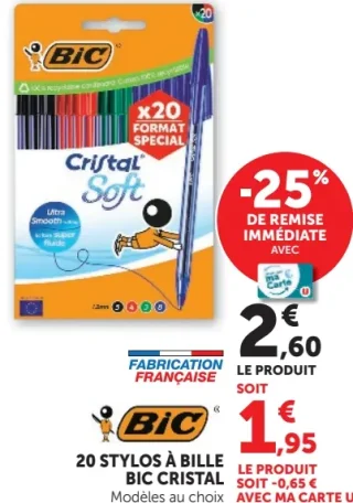20 stylos à bille BIC Cristal