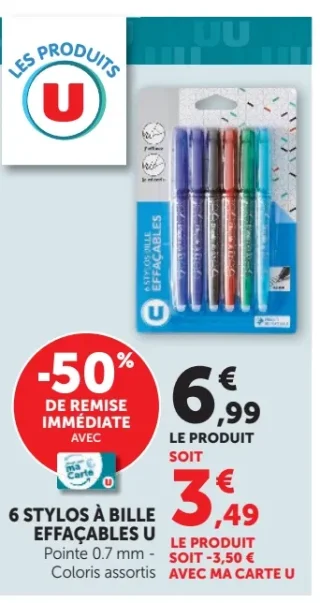 6 Stylos à bille effaçables U Pointe 0,7 mm