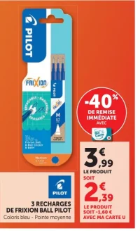3 Recharges de Frixion Ball Pilot coloris bleu pointe moyenne