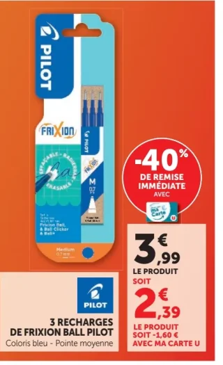 3 Recharges de Frixion Ball Pilot coloris bleu pointe moyenne