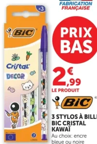 3 Stylos à bille BIC Cristal Kawai