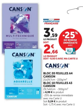 Bloc 20 feuilles A4 Canson ou Bloc 10 feuilles A3 Canson