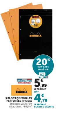 3 blocs de feuilles perforées Rhodia