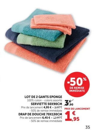 Lot de 2 gants éponge ou serviette 50x90cm ou drap de douche 70x130cm