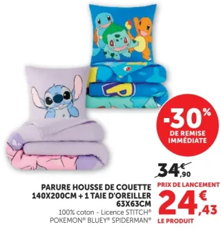 Parure housse de couette 140x200cm + 1 taie d'oreiller Stitch, Pokémon, Bluey ou Spiderman