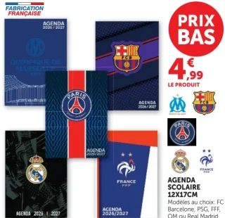 Agenda scolaire 12x17cm FC Barcelone, PSG, FFF, OM ou Real Madrid