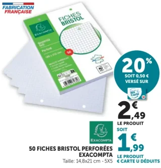 50 fiches Bristol perforées Exacompta 14,8x21 cm - 5x5