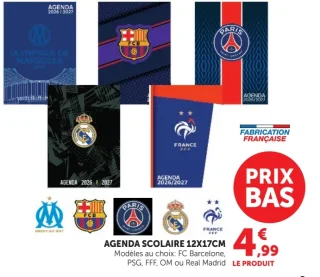 Agenda Scolaire 12x17cm Clubs (FC Barcelone, PSG, FFF, OM, Real Madrid)