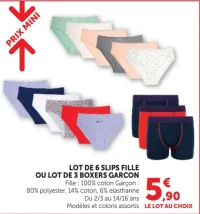 Lot de 6 slips fille ou lot de 3 boxers garçon
