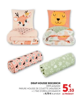 Drap housse 100% polyester 90x190cm ou Parure housse de couette 140x200cm