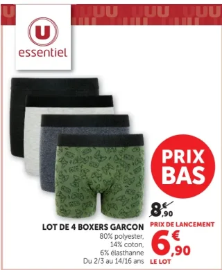 Lot de 4 boxers garçon U essentiel