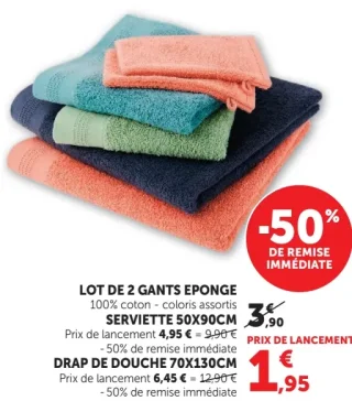 Lot de 2 gants éponge, serviette ou drap de douche