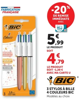 3 stylos à bille 4 couleurs BIC