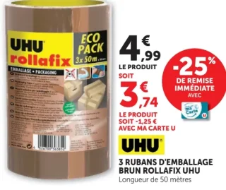 3 Rubans d'emballage brun Rollafix UHU