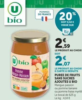 Purée de fruits sans sucres ajoutés U Bio