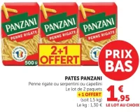 Pâtes Panzani Penne rigate ou serpentini ou capellini