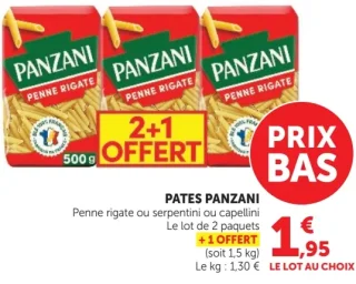 Pâtes Panzani Penne rigate ou serpentini ou capellini