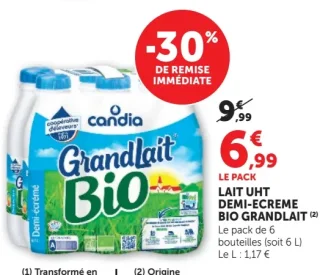 Lait UHT demi-écrémé bio Grandlait Candia