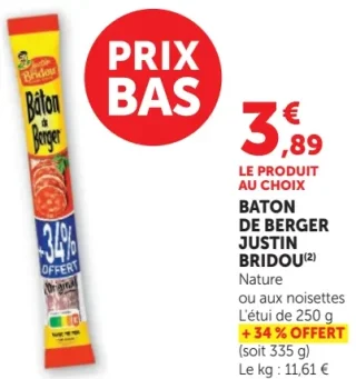 Baton de Berger Justin Bridou Nature ou aux noisettes