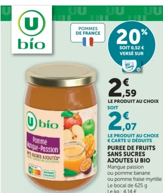 Purée de fruits sans sucres ajoutés U Bio