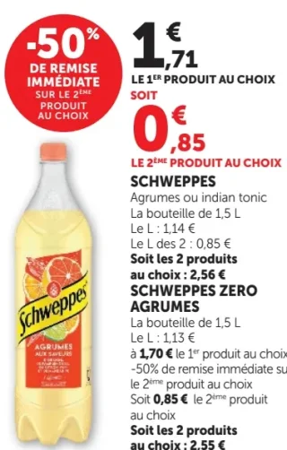 SCHWEPPES Agrumes ou indian tonic ou SCHWEPPES ZERO AGRUMES
