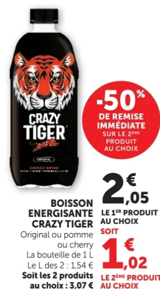 BOISSON ENERGISANTE CRAZY TIGER Original ou pomme ou cherry