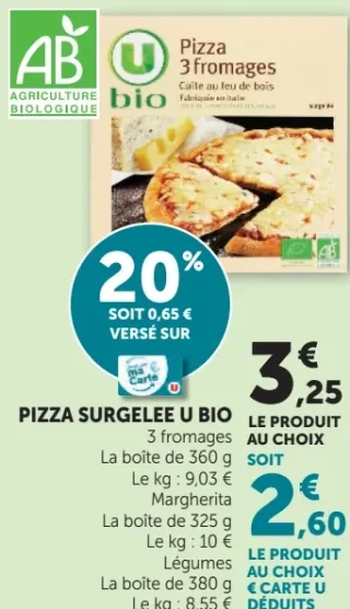 Pizza surgelée U Bio 3 fromages, Margherita ou Légumes